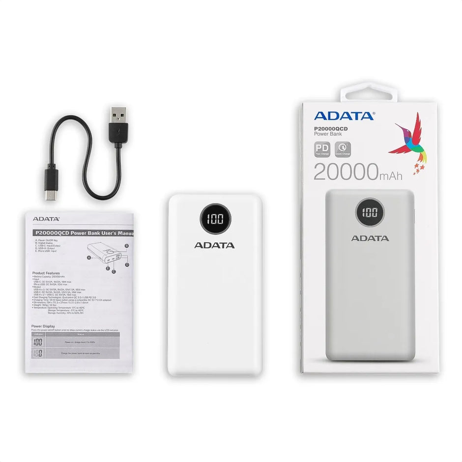 Power Bank 20000mah Carga Rápida Qc/pd Adata P20000qcd, Blanco