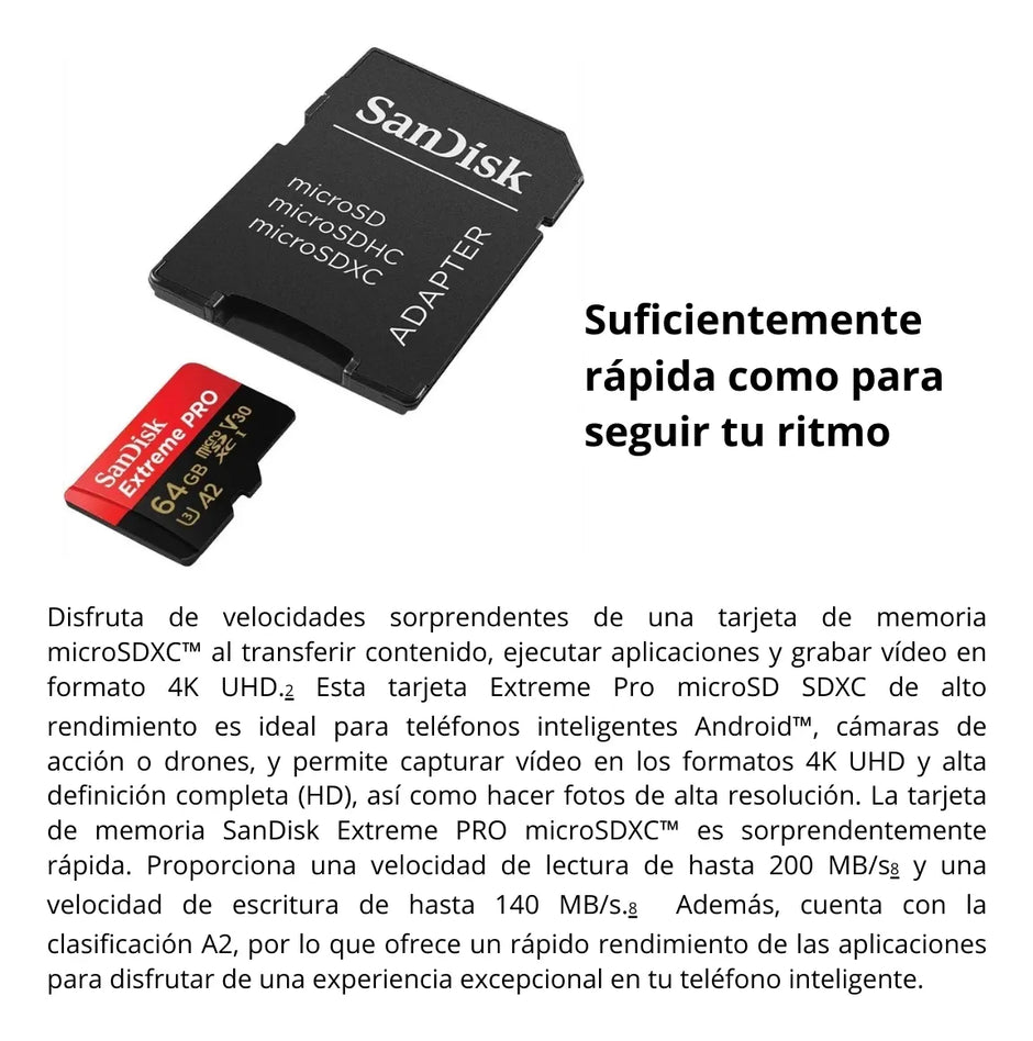 Memoria Micro SD 64GB SanDisk Extreme PRO 200MB/s A2 V30 U3 4K UHD GoPro Drone con Adaptador SD - Original