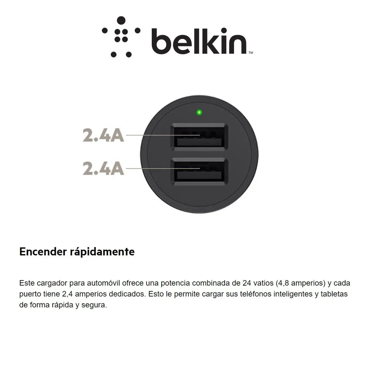 Cargador para Carro Belkin F8J221BT04-BLK 24W con 2 Puertos USB-A y Cable Lightning Negro