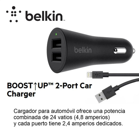 Cargador para Carro Belkin F8J221BT04-BLK 24W con 2 Puertos USB-A y Cable Lightning Negro