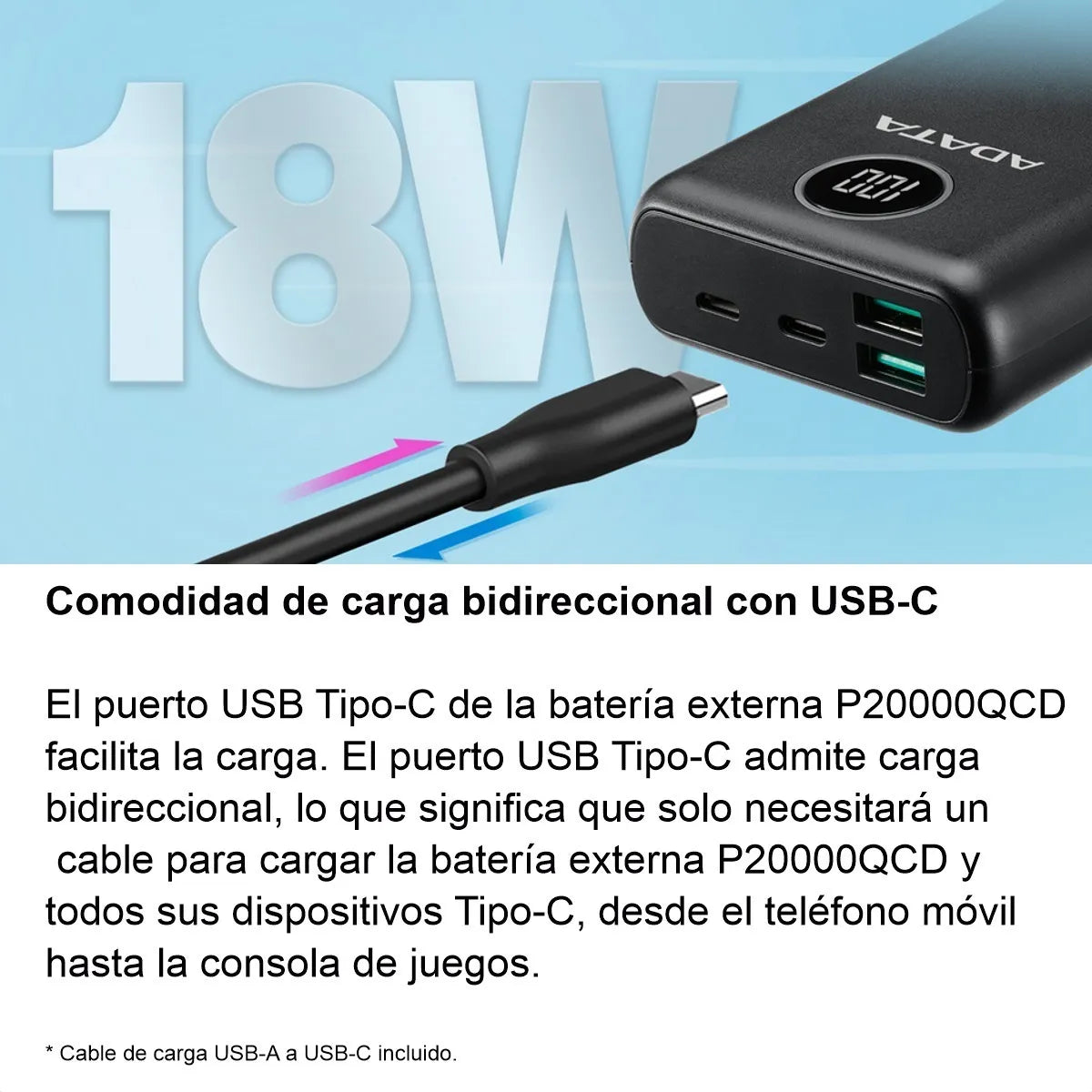 Power Bank 20000mah Carga Rápida Qc/pd Adata P20000qcd, Blanco