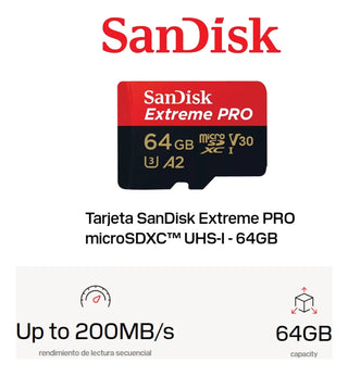 Memoria Micro SD 64GB SanDisk Extreme PRO 200MB/s A2 V30 U3 4K UHD GoPro Drone + Adaptador SD