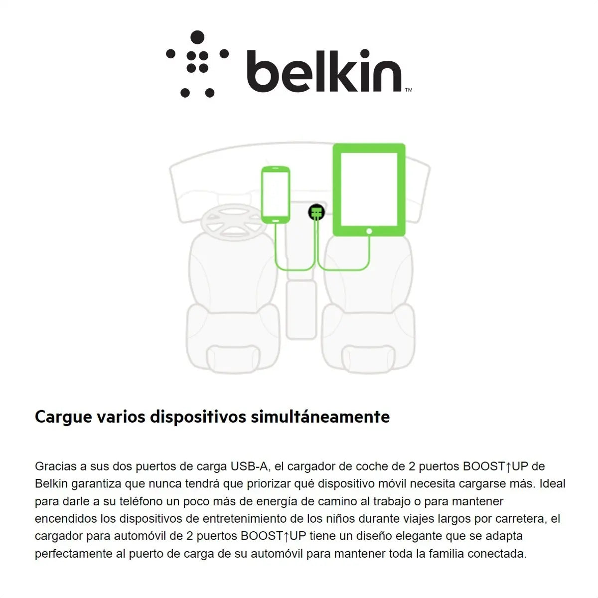 Cargador para Carro Belkin F8J221BT04-BLK 24W con 2 Puertos USB-A y Cable Lightning Negro