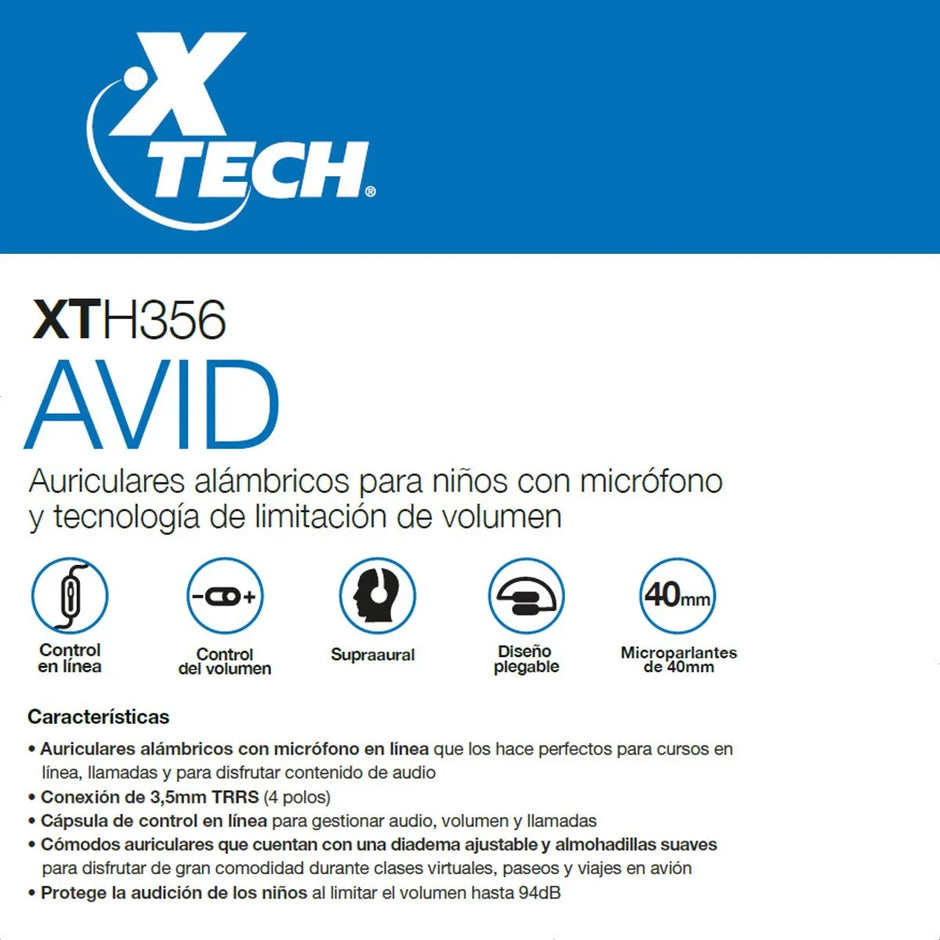 Audífonos Diadema Xtech XTH-356 AVID Estéreo para Niños con Micrófono y Limitación de Volumen - Azul