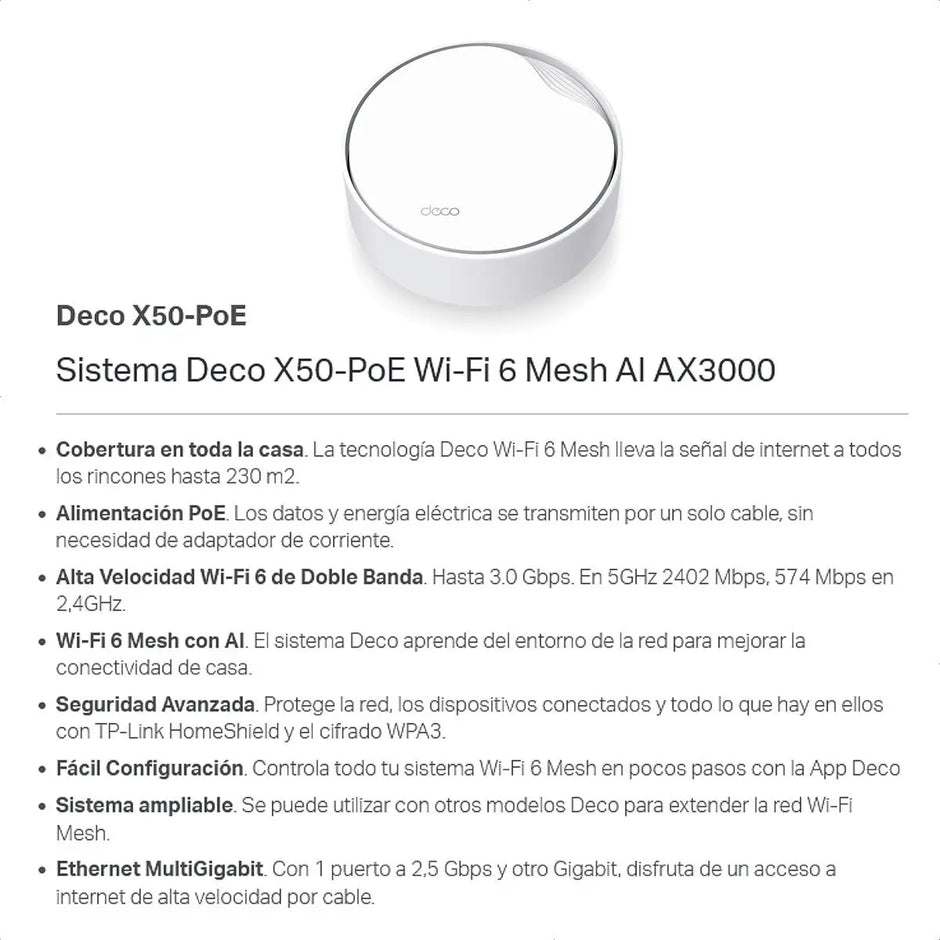 Sistema WiFi 6 Mesh AI AX3000, TP-Link Deco X50-Poe (2-Pack)