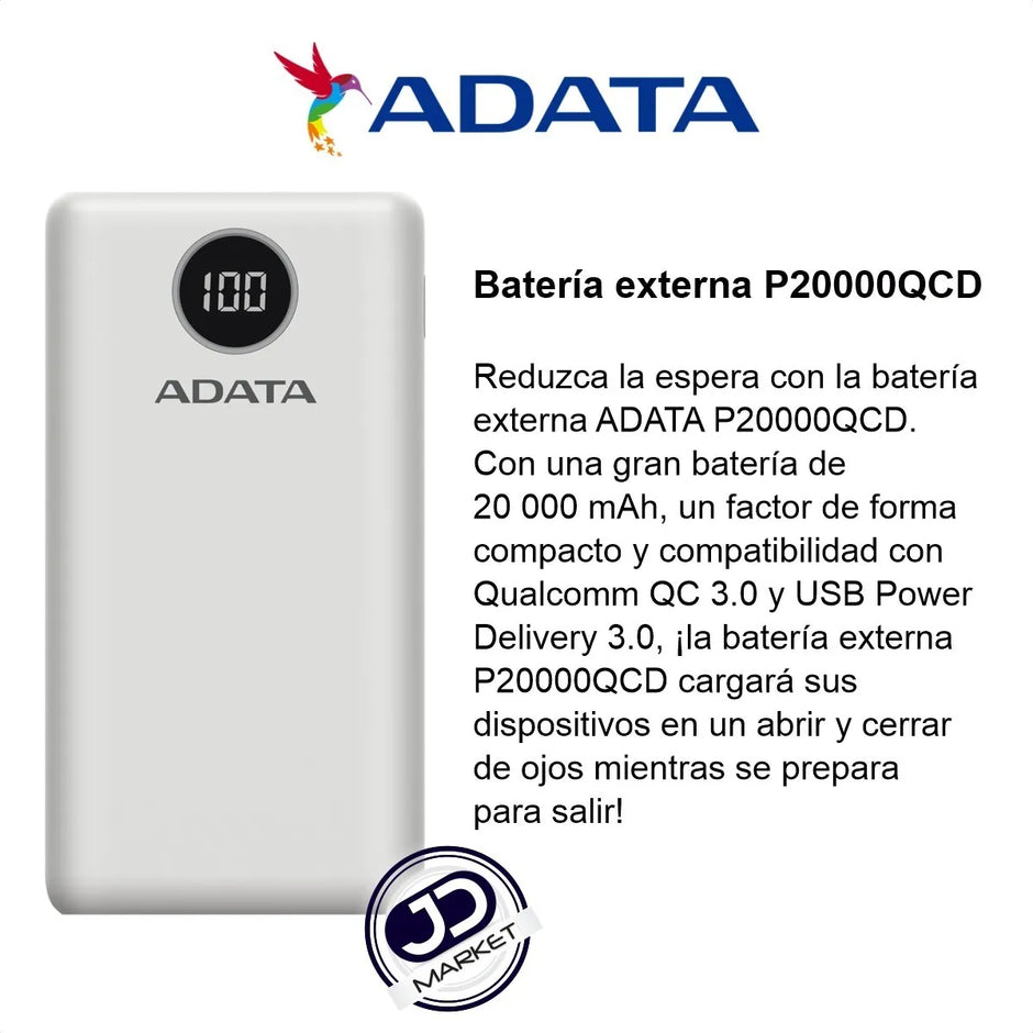 Power Bank 20000mah Carga Rápida Qc/pd Adata P20000qcd, Blanco