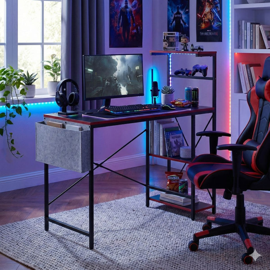 Escritorio Gamer TechGo MPCG-15 Compacto Superficie Texturizada 110cm*50cm Estantería Bolsa Organizadora