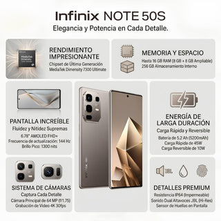 Celular Infinix Note 50S Dual SIM 5G AMOLED 6.78" Curva 256GB 16GB(8+8) 64MP Sony IP64 5200mAh 45W - Gris