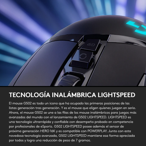 Mouse Gamer Inalámbrico Logitech G502 LIGHTSPEED 25600 DPI Sensor HERO 25K RGB LIGHTSYNC - Negro