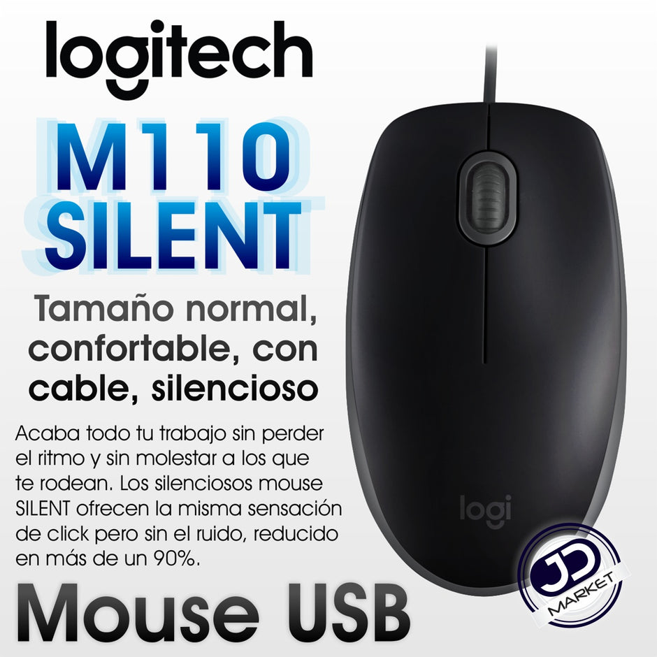 Mouse Óptico Logitech M110 Silent con Clics 90% más Silenciosos Cable USB Diseño Ambidiestro -Negro