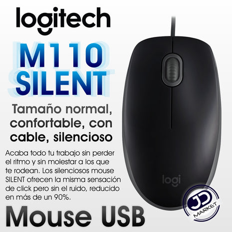 Mouse Óptico Logitech M110 Silent con Clics 90% más Silenciosos Cable USB Diseño Ambidiestro -Negro