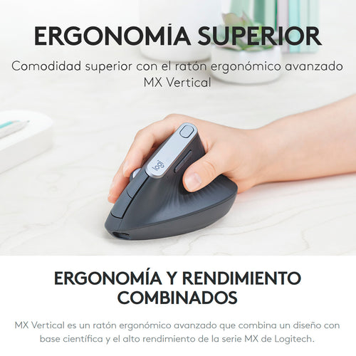 Mouse Ergonómico Avanzado Logitech MX Vertical, Inalámbrico Bluetooth Recargable