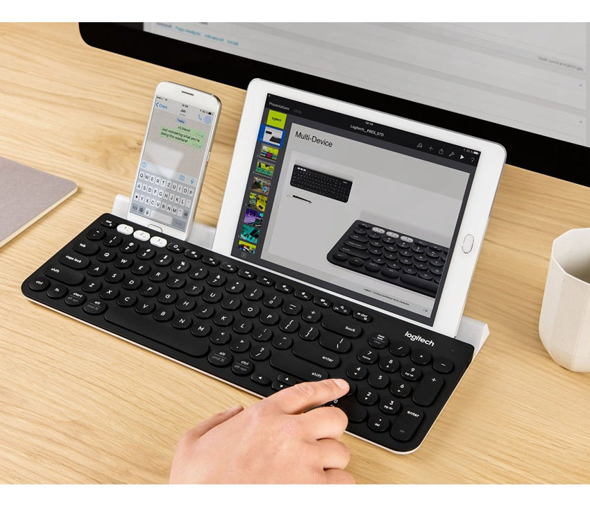Teclado Inalámbrico Logitech K780 Multidispositivo Bluetooth/Unifying con Base para Tablet y Celular + Mouse Inalámbrico Logitech Signature Comfort Plus M850 L + Pad Mouse Studio Series