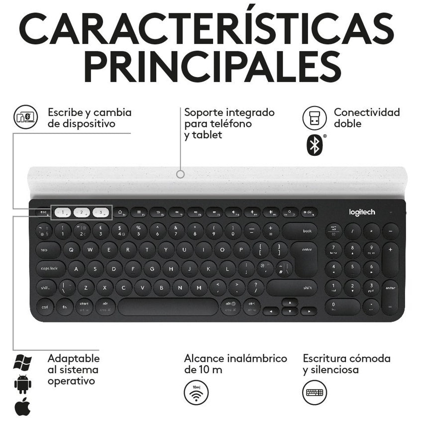Teclado Inalámbrico Logitech K780 Multidispositivo Bluetooth/Unifying con Base para Tablet y Celular + Mouse Inalámbrico Logitech Signature Comfort Plus M850 L + Pad Mouse Studio Series