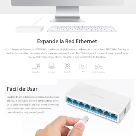 Switch De Escritorio Mercusys MS108 8 Puertos 10/100 Mbps, Diseño Compacto y Conexión Rápida para Hogar y Oficina