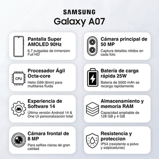 Celular Samsung Galaxy A07 Dual SIM PLS LCD 6.7" HD+ 90Hz 128GB/4GB 50MP IP54 5000mAh/25W - Negro