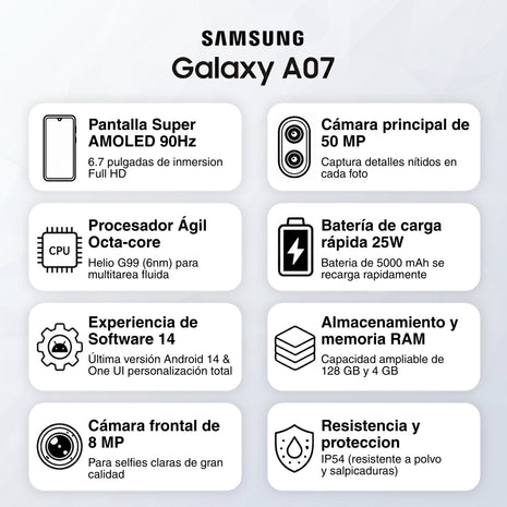 Celular Samsung Galaxy A07 Dual SIM PLS LCD 6.7" HD+ 90Hz 128GB/4GB 50MP IP54 5000mAh/25W - Negro