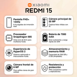Celular Xiaomi Redmi 15 Dual SIM Pantalla 6.9" 144Hz 256GB/16GB(8+8) 50MP IA IP64 7000mAh/33W - Negro