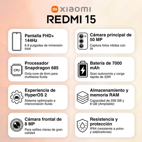 Celular Xiaomi Redmi 15 Dual SIM Pantalla 6.9" 144Hz 256GB/16GB(8+8) 50MP IA IP64 7000mAh/33W - Negro