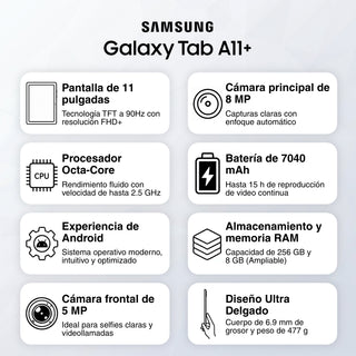 Tablet Samsung Galaxy Tab A11+ Wi-Fi Pantalla 11.0" 90Hz 256GB/8GB 8MP 7040mAh/25W - Plateado