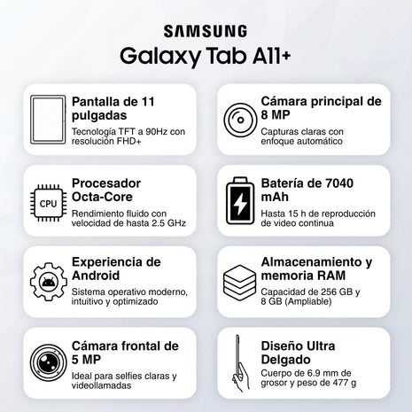 Tablet Samsung Galaxy Tab A11+ Wi-Fi Pantalla 11.0" 90Hz 256GB/8GB 8MP 7040mAh/25W - Plateado