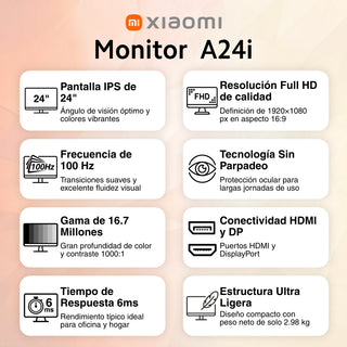 Monitor Xiaomi A24i IPS 24” Full HD 1080p 100Hz Diseño Ultra Delgado 7.5mm Calibrado ΔE<2 HDMI/DP - Negro