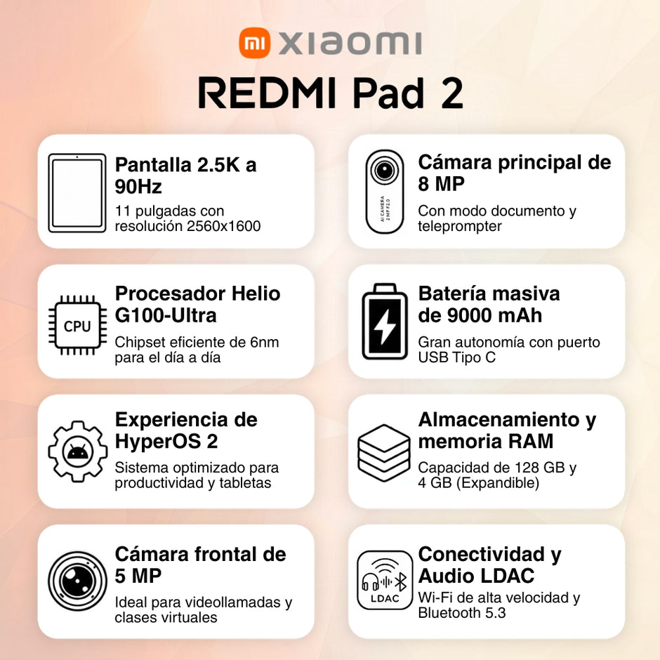 Tablet Xiaomi Redmi Pad 2 Wi-Fi IPS 11” 2.5K 90Hz Helio G100 128GB/4GB Audio Dolby Atmos® 9000mAh - Gris