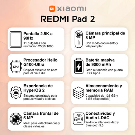 Tablet Xiaomi Redmi Pad 2 Wi-Fi IPS 11” 2.5K 90Hz Helio G100 128GB/4GB Audio Dolby Atmos® 9000mAh - Gris