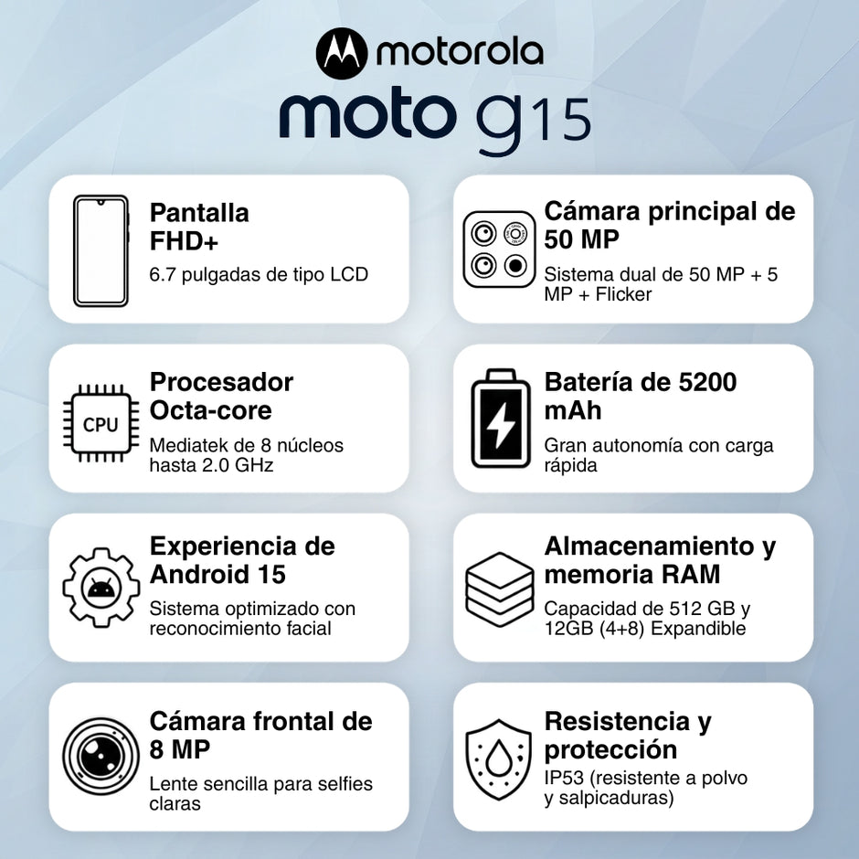 Celular Motorola G15 4G Dual SIM 6.72” FHD+ 512GB/12GB(4+8) 50MP NFC IP54 5200mAh Dolby Atmos - Azul