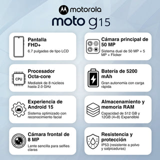 Celular Motorola G15 4G Dual SIM 6.72” FHD+ 512GB/12GB(4+8) 50MP NFC IP54 5200mAh Dolby Atmos - Azul