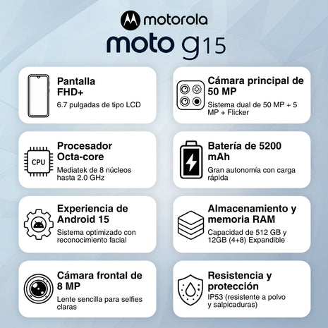 Celular Motorola G15 4G Dual SIM 6.72” FHD+ 512GB/12GB(4+8) 50MP NFC IP54 5200mAh Dolby Atmos - Azul
