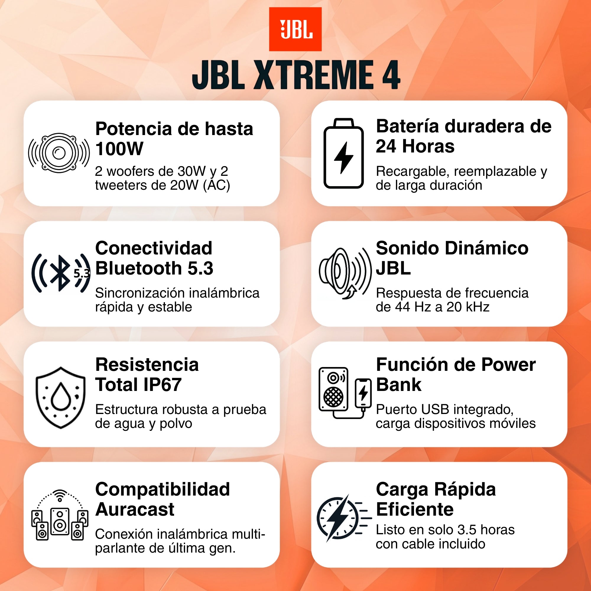 Parlante Bluetooth JBL Xtreme 4 Sonido Pro 100W RMS AI Boost Auracast IP67 Batería 24h Power Bank - Negro