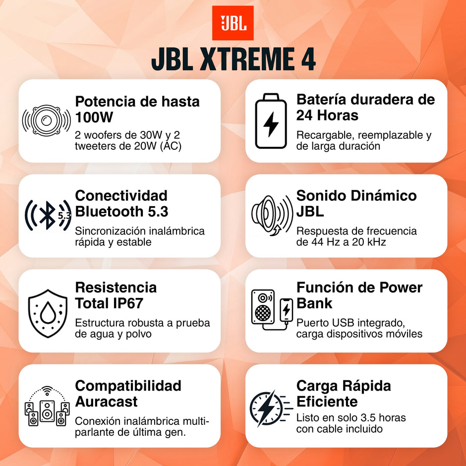 Parlante Bluetooth JBL Xtreme 4 Sonido Pro 100W RMS AI Boost Auracast IP67 Batería 24h Power Bank - Negro
