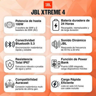 Parlante Bluetooth JBL Xtreme 4 Sonido Pro 100W RMS AI Boost Auracast IP67 Batería 24h Power Bank - Negro