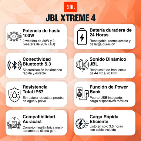 Parlante Bluetooth JBL Xtreme 4 Sonido Pro 100W RMS AI Boost Auracast IP67 Batería 24h Power Bank - Negro