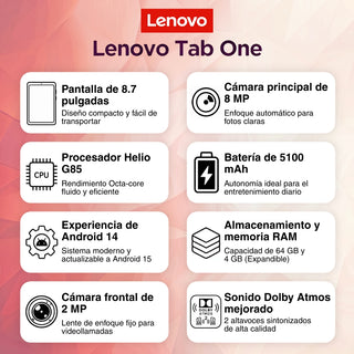 Tablet Wi-Fi Lenovo Tab One + Folio Case, Pantalla 8.7" HD+ 64GB/4GB 8MP 5100mAh, Gris + Obsequio Lápiz Stylus Digital USB-C
