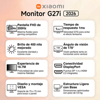 Monitor Gaming Xiaomi G27i 2026 Panel IPS 27” Full HD 1080p Frecuencia 200Hz Respuesta 1ms HDR400