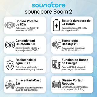 Parlante Bluetooth Soundcore Boom 2 Protección IPX7 Sonido 2.1 80W RMS Batería 24h PowerBank Luces LED