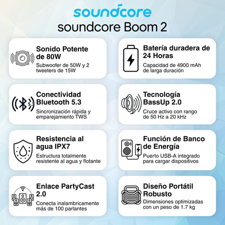 Parlante Bluetooth Soundcore Boom 2 Protección IPX7 Sonido 2.1 80W RMS Batería 24h PowerBank Luces LED
