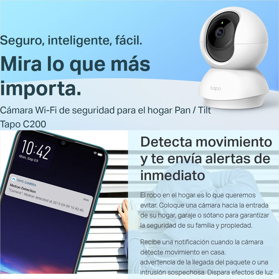 Cámara WiFi TP-Link Tapo C200 360° Full HD 1080p Visión Nocturna Audio Bidireccional Monitor Bebé Alexa + Micro SD 256GB