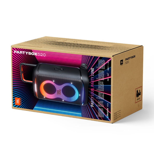 Parlante JBL PartyBox 520 Cabina Bluetooth 400W RMS Entradas XLR Luces Led Batería 15h Auracast Negro