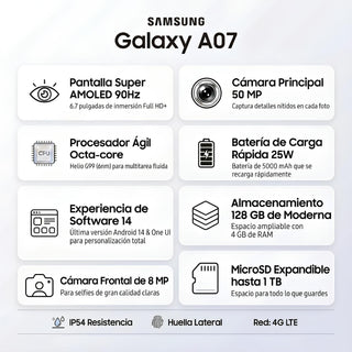 Celular Samsung Galaxy A07 Dual SIM PLS LCD 6.7" HD+ 90Hz 128GB/4GB 50MP IP54 5000mAh/25W - Negro