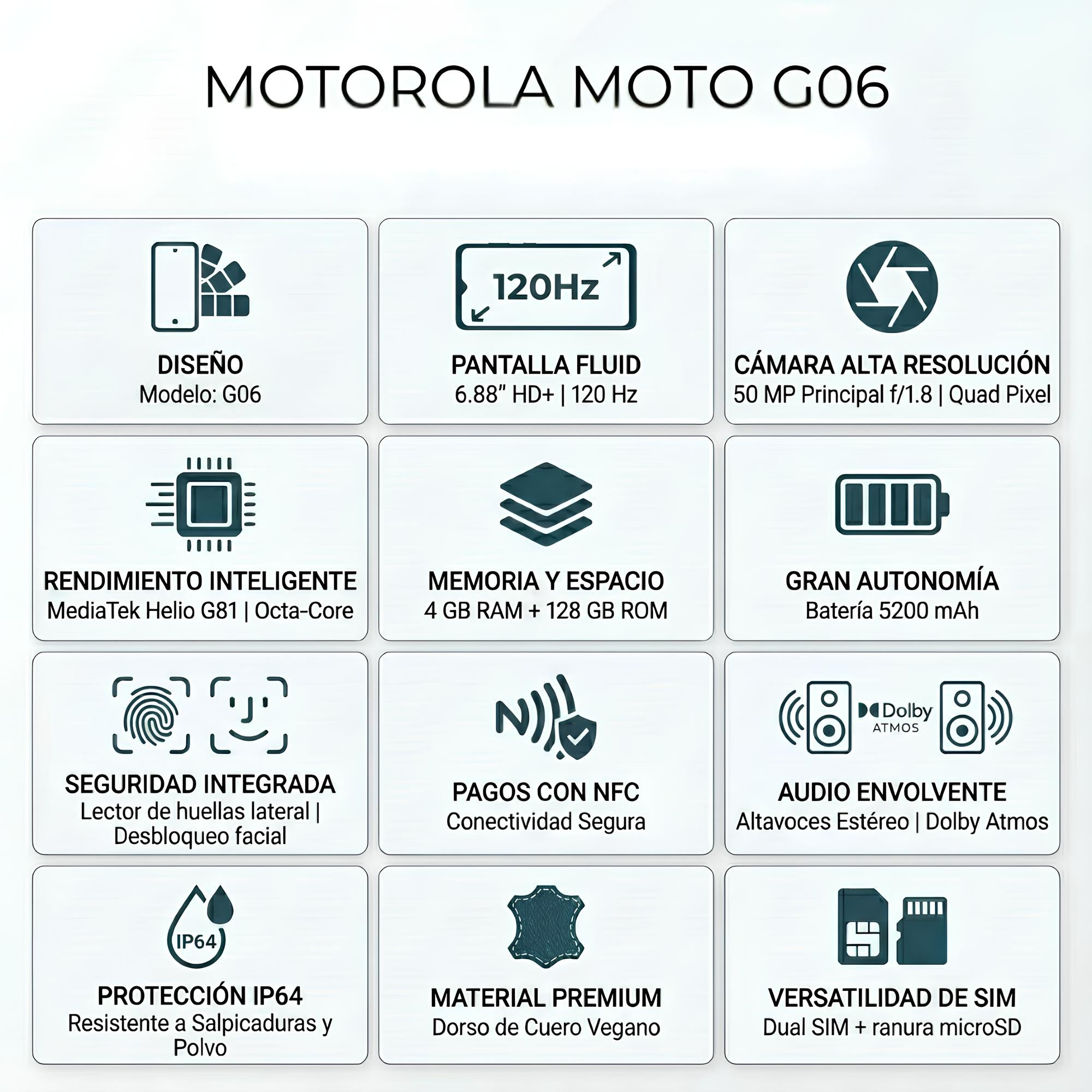 Celular Motorola Moto G06 Dual SIM 6.9” 120Hz 128GB/4GB+8GB RAM Boost 50MP AI IP64 5200mAh - Azul