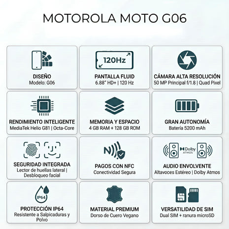 Celular Motorola Moto G06 Dual SIM 6.9” 120Hz 128GB/4GB+8GB RAM Boost 50MP AI IP64 5200mAh - Azul
