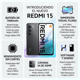 Celular Xiaomi Redmi 15 Dual SIM Pantalla 6.9" 144Hz 256GB/16GB(8+8) 50MP IA IP64 7000mAh/33W - Negro