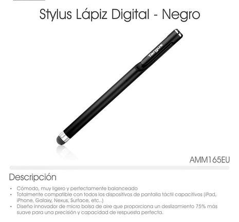 Lápiz Óptico Targus AMM165AMGL Capacitivo Universal Antimicrobiano para Tablet y Smartphone - Negro